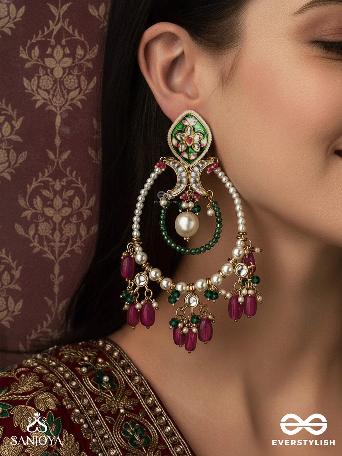 Alankrita - Ornamental Detail - Ornate Kundan Hoop Earrings With Floral Enamel Top, Pearl Circle And Coloured Drop Beads
