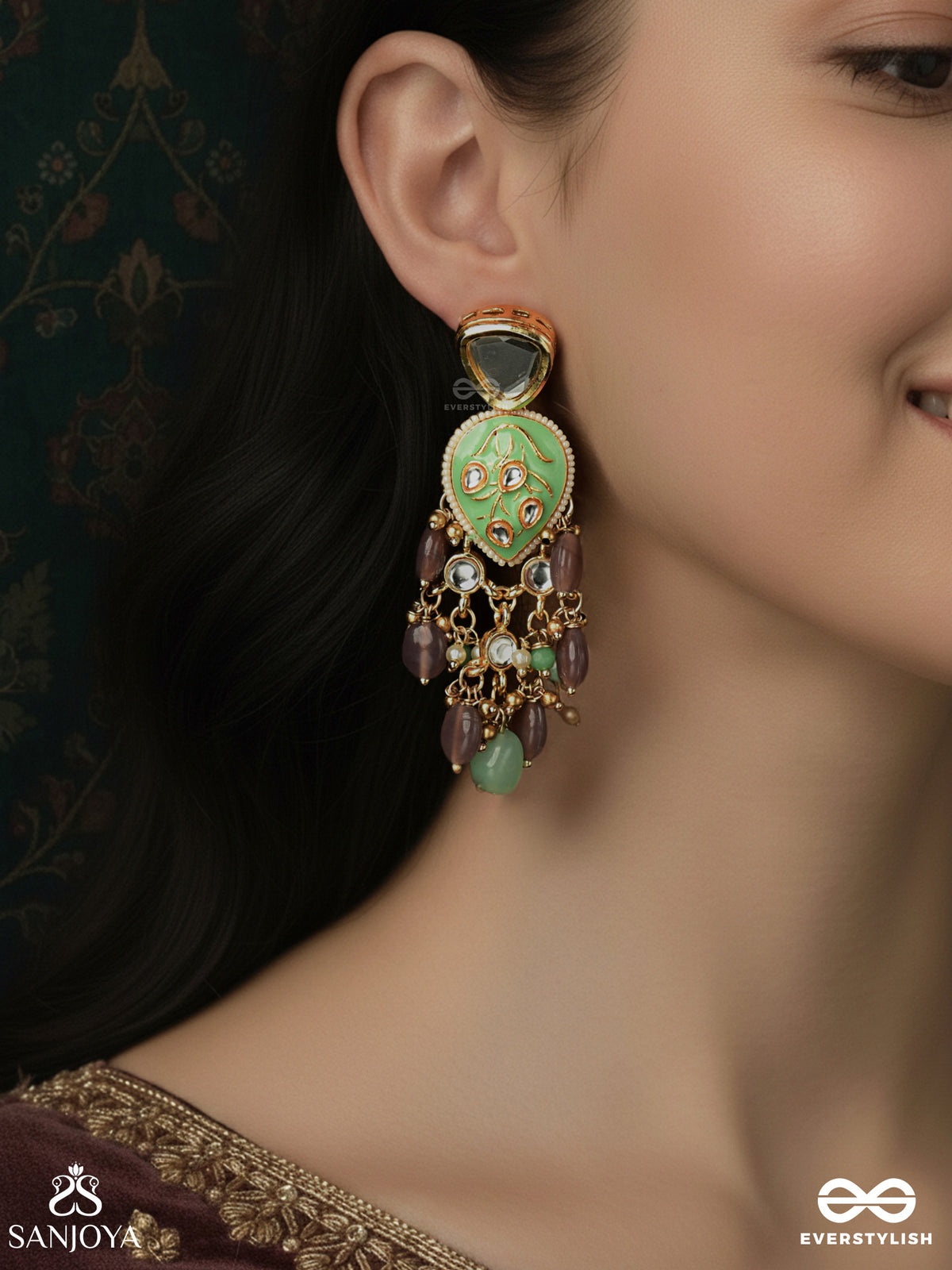 Haritika - Grace Of Green - Kundan Earrings With Green Stone Accents And Pearl Drops