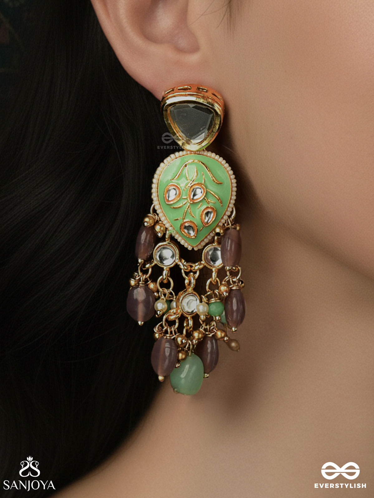 Haritika - Grace Of Green - Kundan Earrings With Green Stone Accents And Pearl Drops