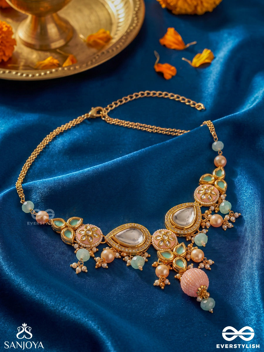 Anurangi - Harmony Of Colours - Kundan Necklace With Green Enamel Motifs, Mirror Stones And Pastel Bead Drops