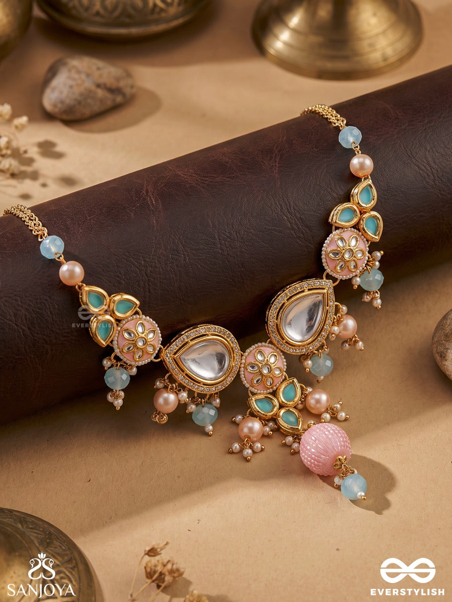 Anurangi - Harmony Of Colours - Kundan Necklace With Green Enamel Motifs, Mirror Stones And Pastel Bead Drops