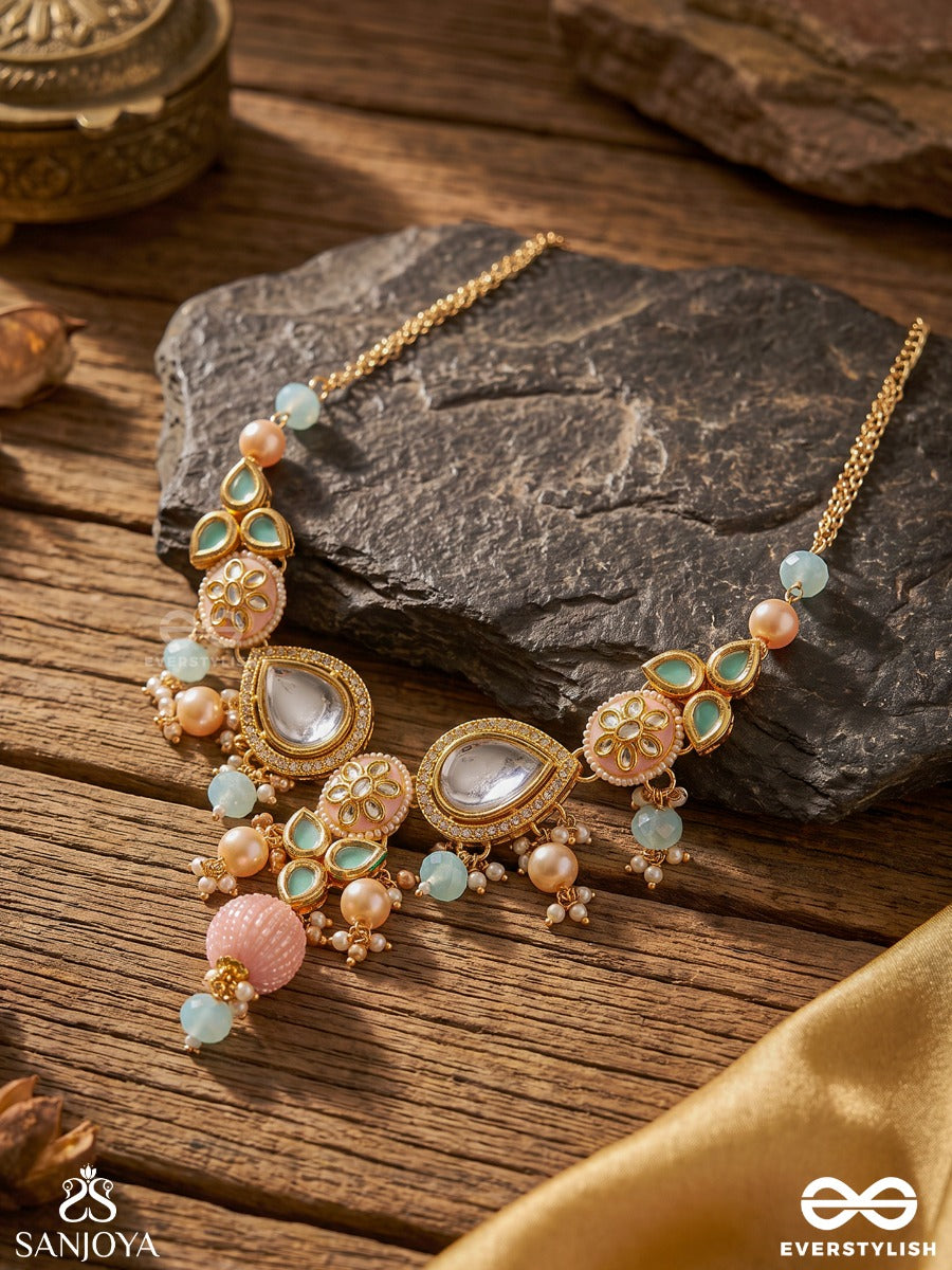 Anurangi - Harmony Of Colours - Kundan Necklace With Green Enamel Motifs, Mirror Stones And Pastel Bead Drops