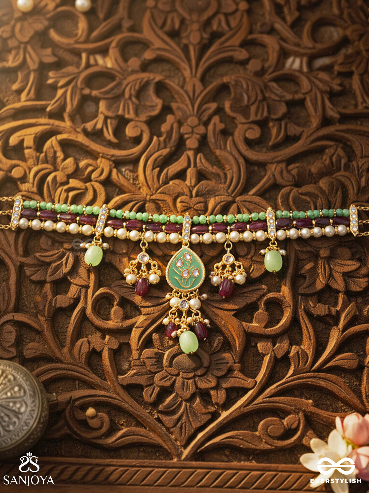 Haritika - Grace Of Green - Kundan Choker Necklace With Green Stone Accents And Pearl Drops
