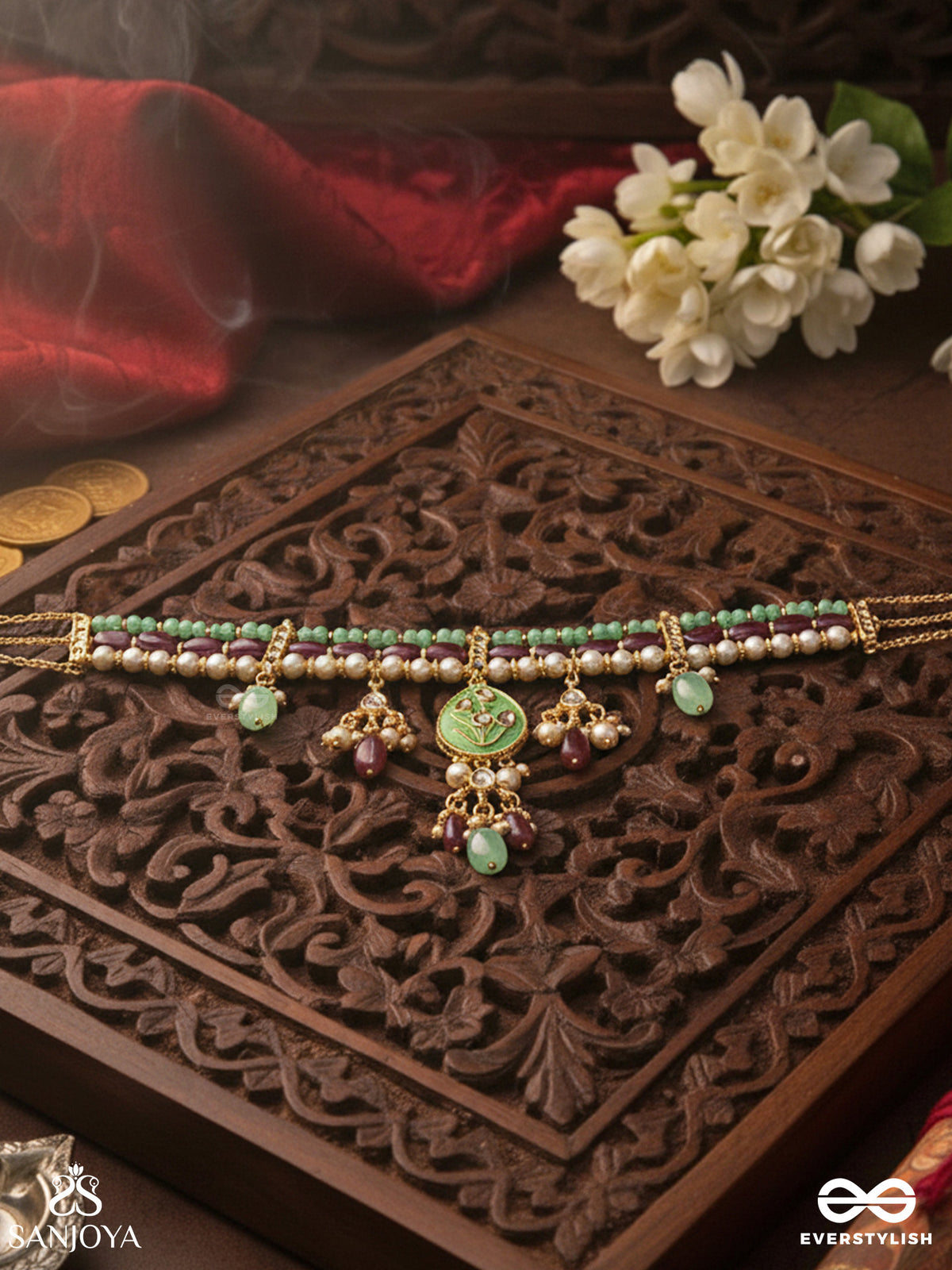 Haritika - Grace Of Green - Kundan Choker Necklace With Green Stone Accents And Pearl Drops