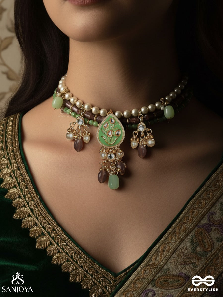 Haritika - Grace Of Green - Kundan Choker Necklace With Green Stone Accents And Pearl Drops