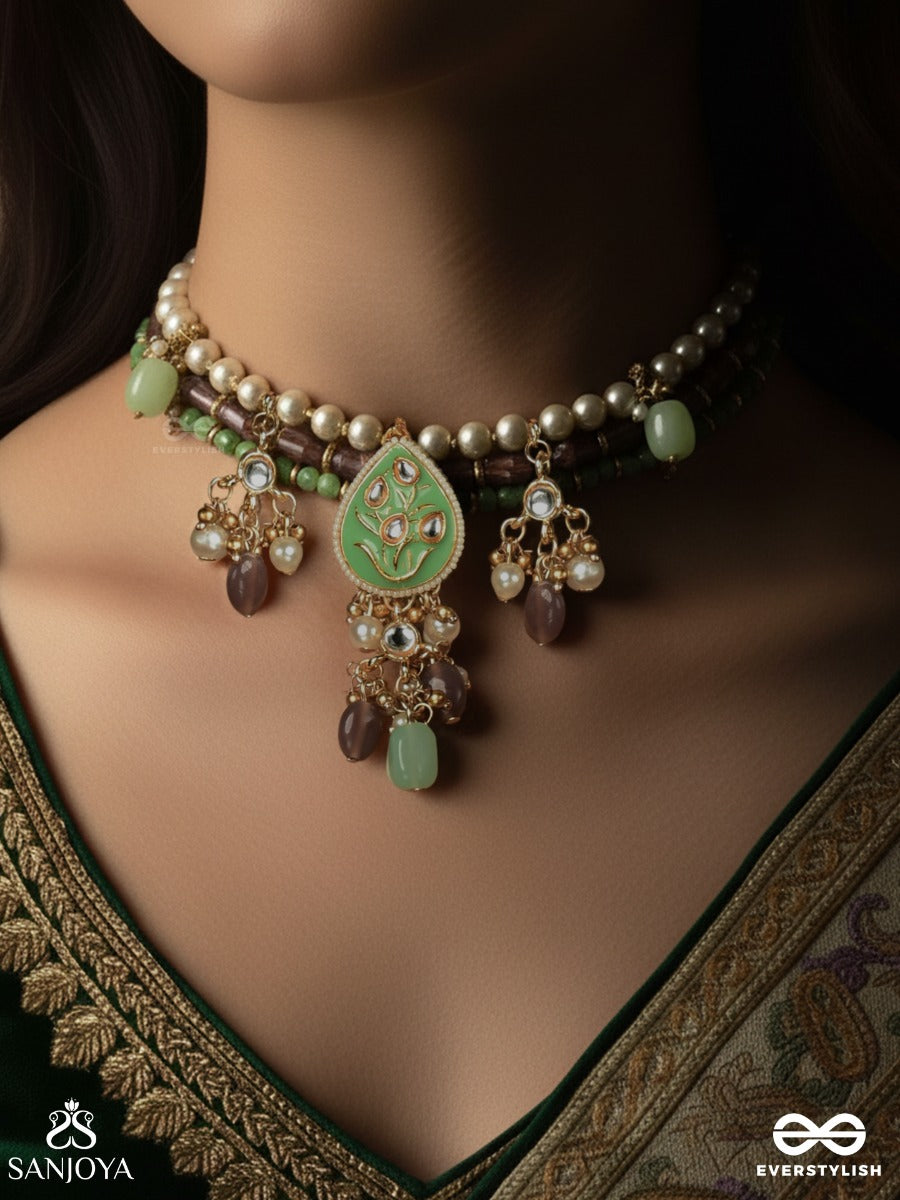 Haritika - Grace Of Green - Kundan Choker Necklace With Green Stone Accents And Pearl Drops