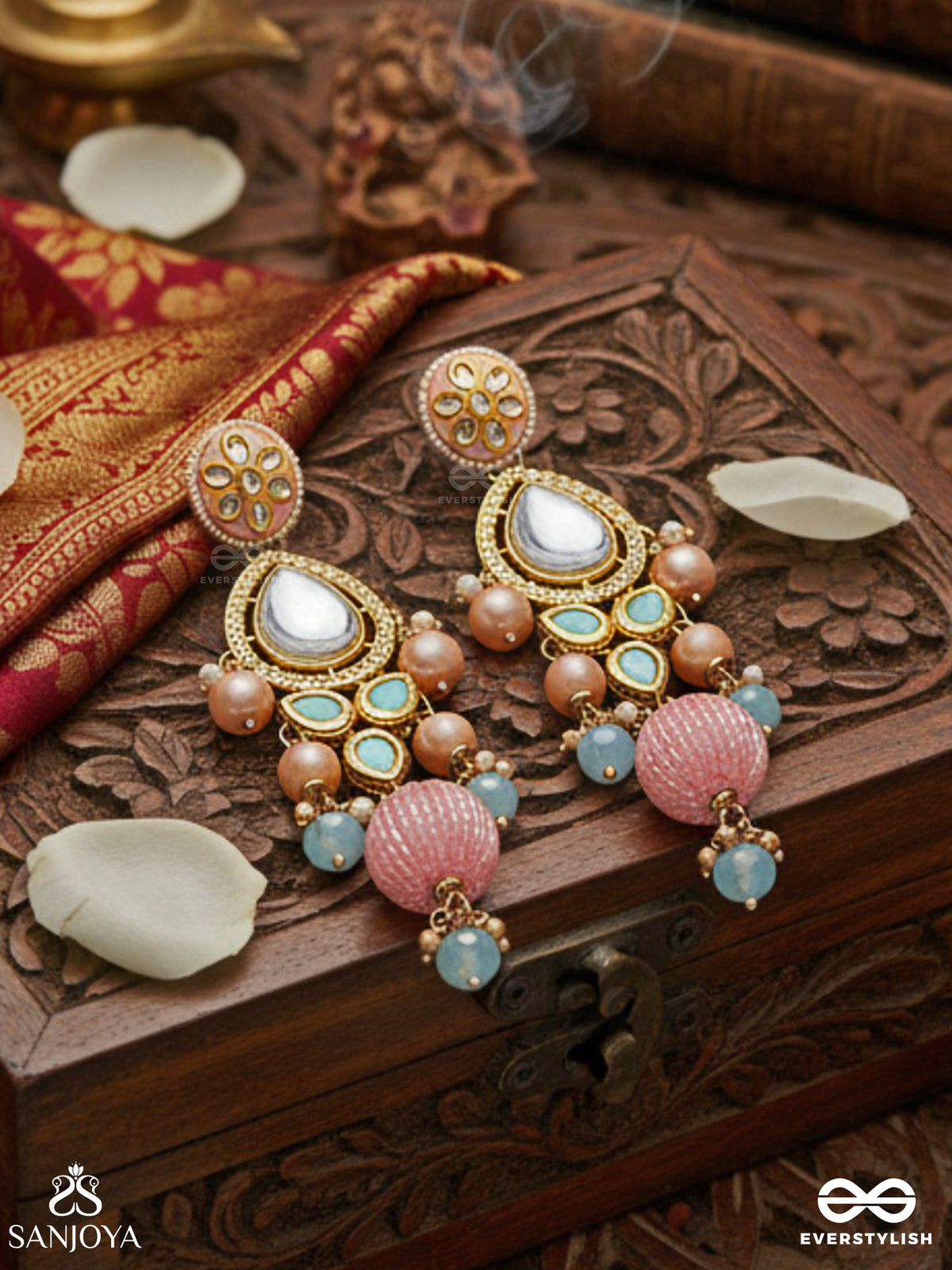 Anurangi - Harmony Of Colours - Kundan Earrings With Green Enamel Motifs, Mirror Stones And Pastel Bead Drops