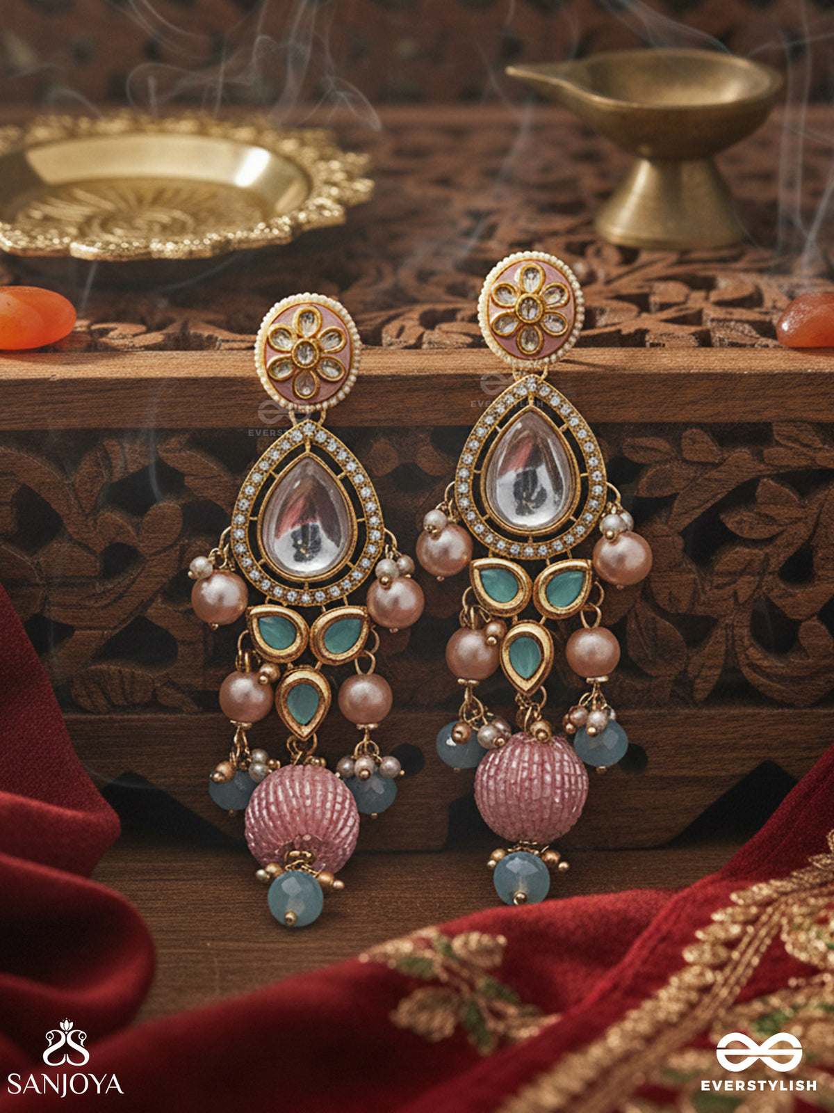 Anurangi - Harmony Of Colours - Kundan Earrings With Green Enamel Motifs, Mirror Stones And Pastel Bead Drops
