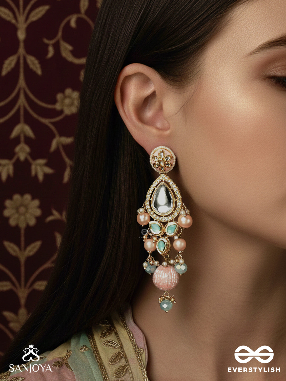 Anurangi - Harmony Of Colours - Kundan Earrings With Green Enamel Motifs, Mirror Stones And Pastel Bead Drops