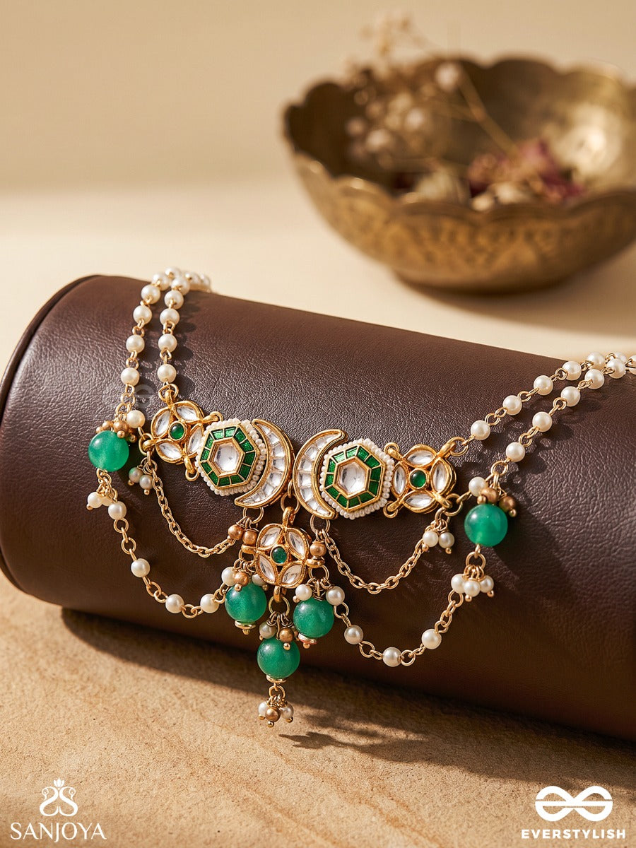 Haritshringa - Ornament Of Green Grace - Kundan Necklace With Emerald Stone Centres, Draped Chains And Green Bead Drops
