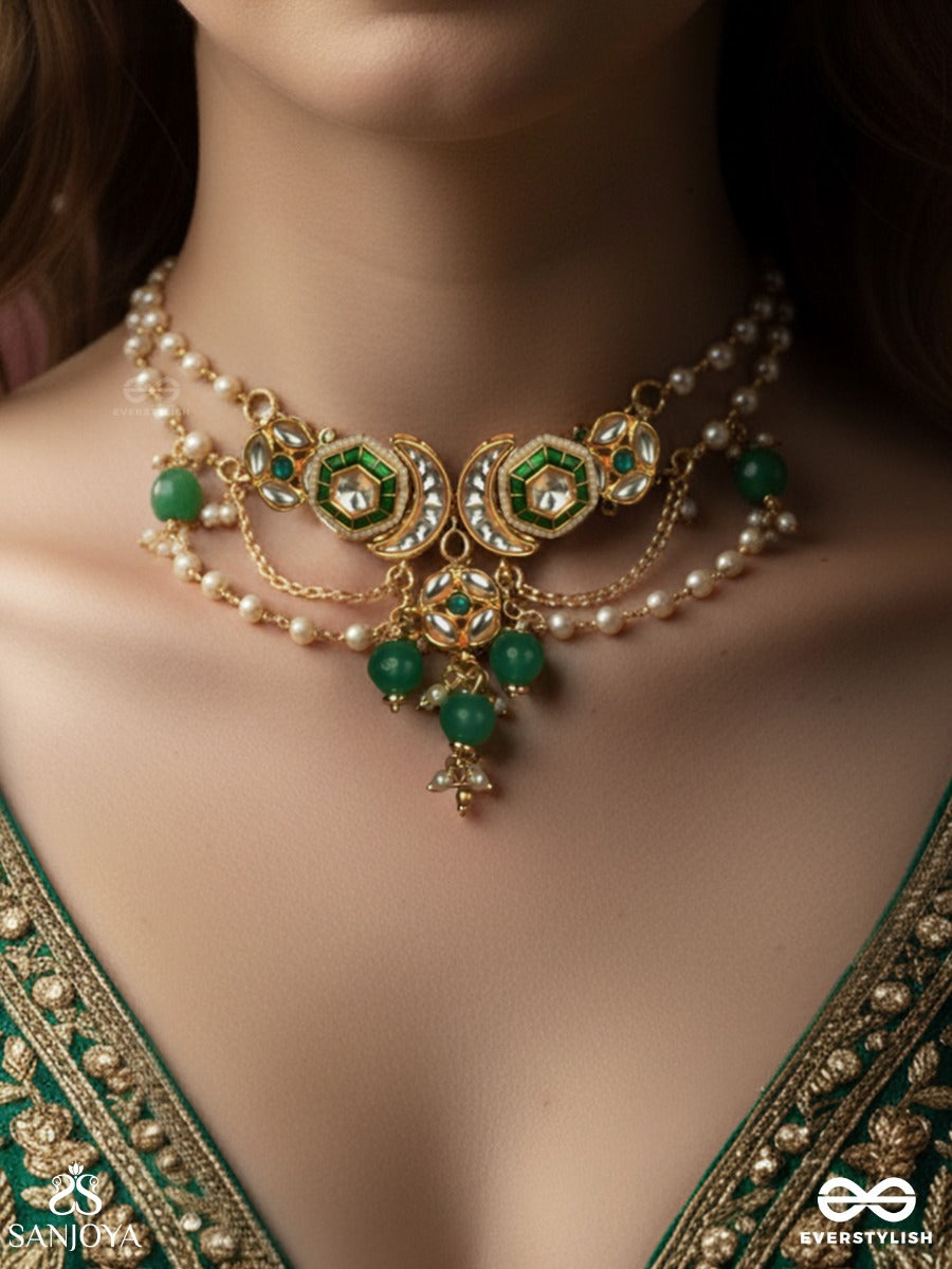 Haritshringa - Ornament Of Green Grace - Kundan Necklace With Emerald Stone Centres, Draped Chains And Green Bead Drops