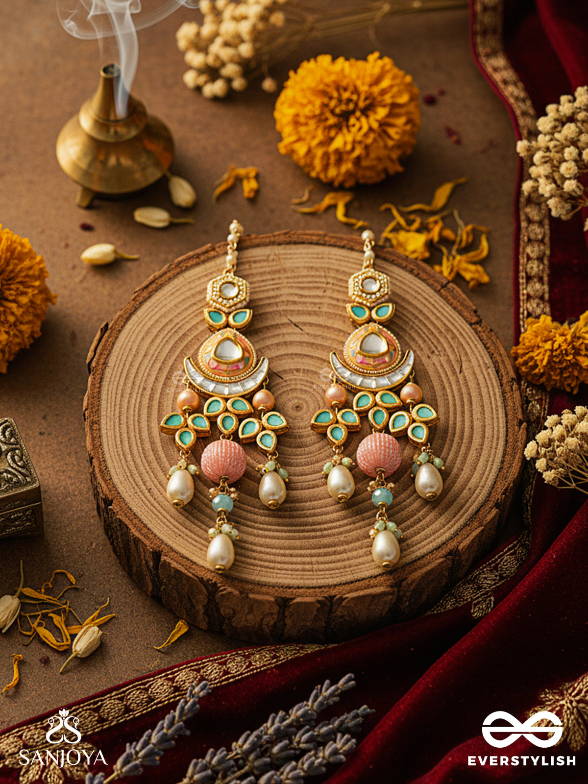 Anurangi - Harmony Of Colours - Kundan Earrings With Green Enamel Motifs, Mirror Stones And Pastel Bead Drops