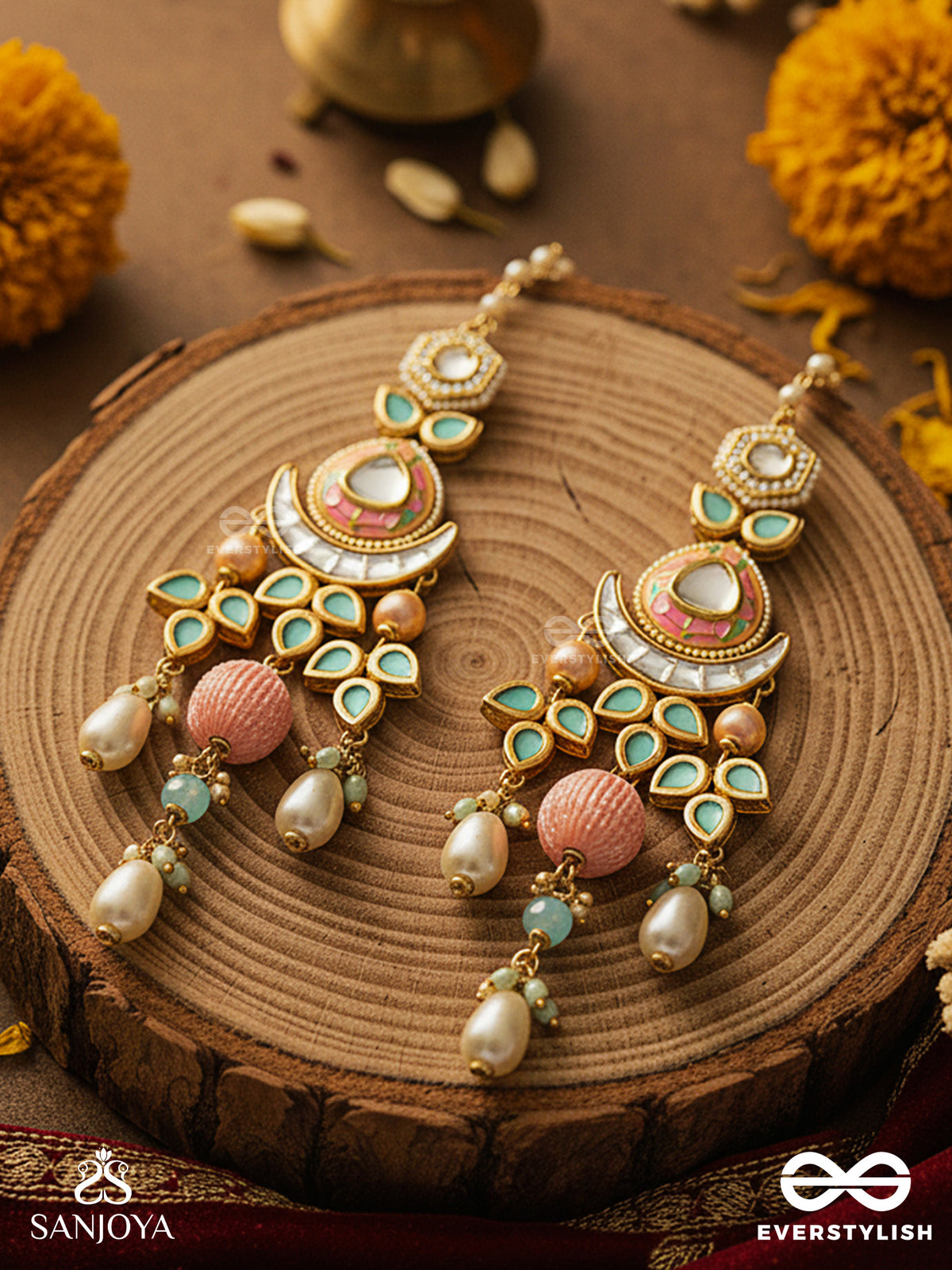 Anurangi - Harmony Of Colours - Kundan Earrings With Green Enamel Motifs, Mirror Stones And Pastel Bead Drops