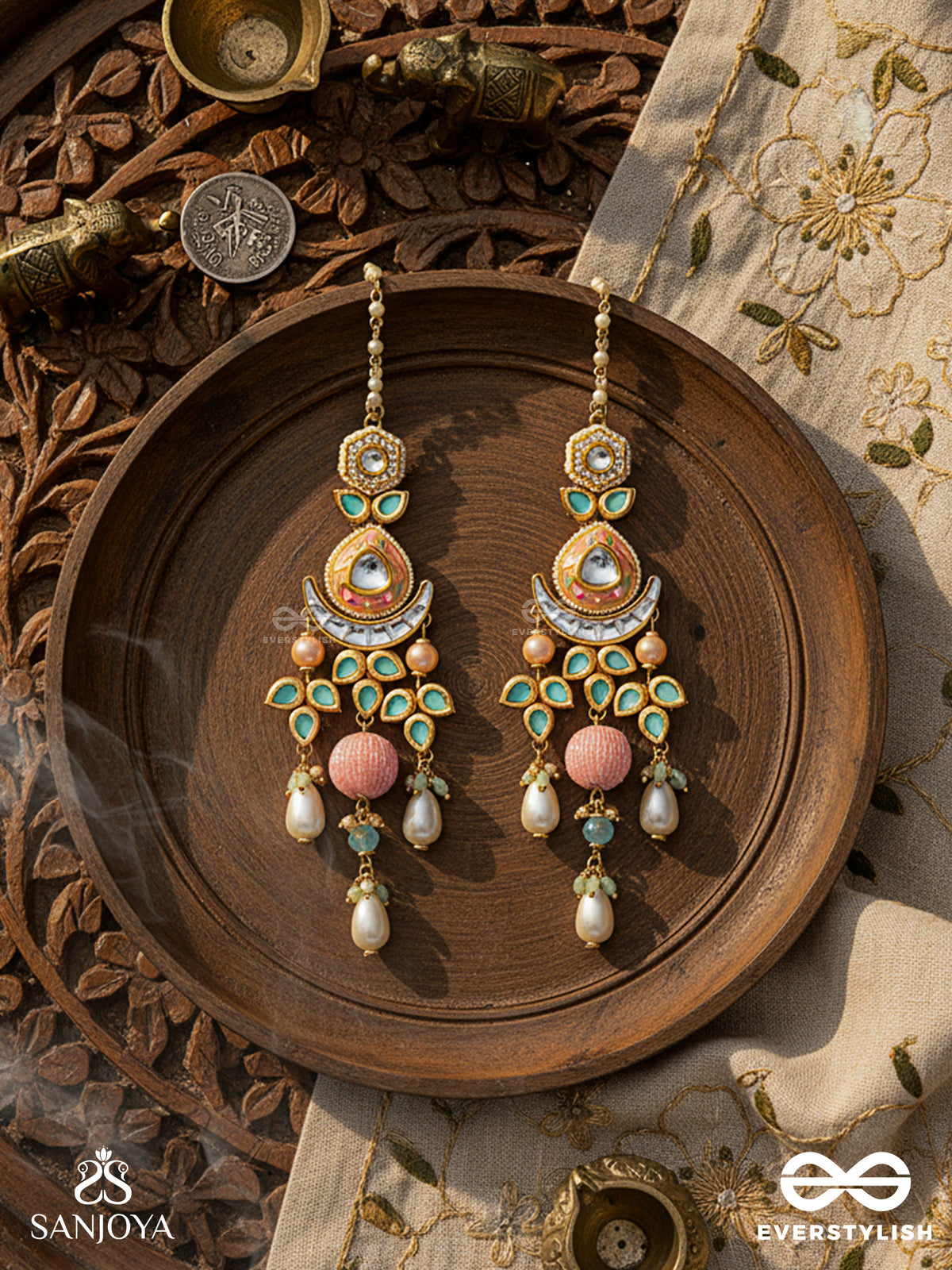 Anurangi - Harmony Of Colours - Kundan Earrings With Green Enamel Motifs, Mirror Stones And Pastel Bead Drops