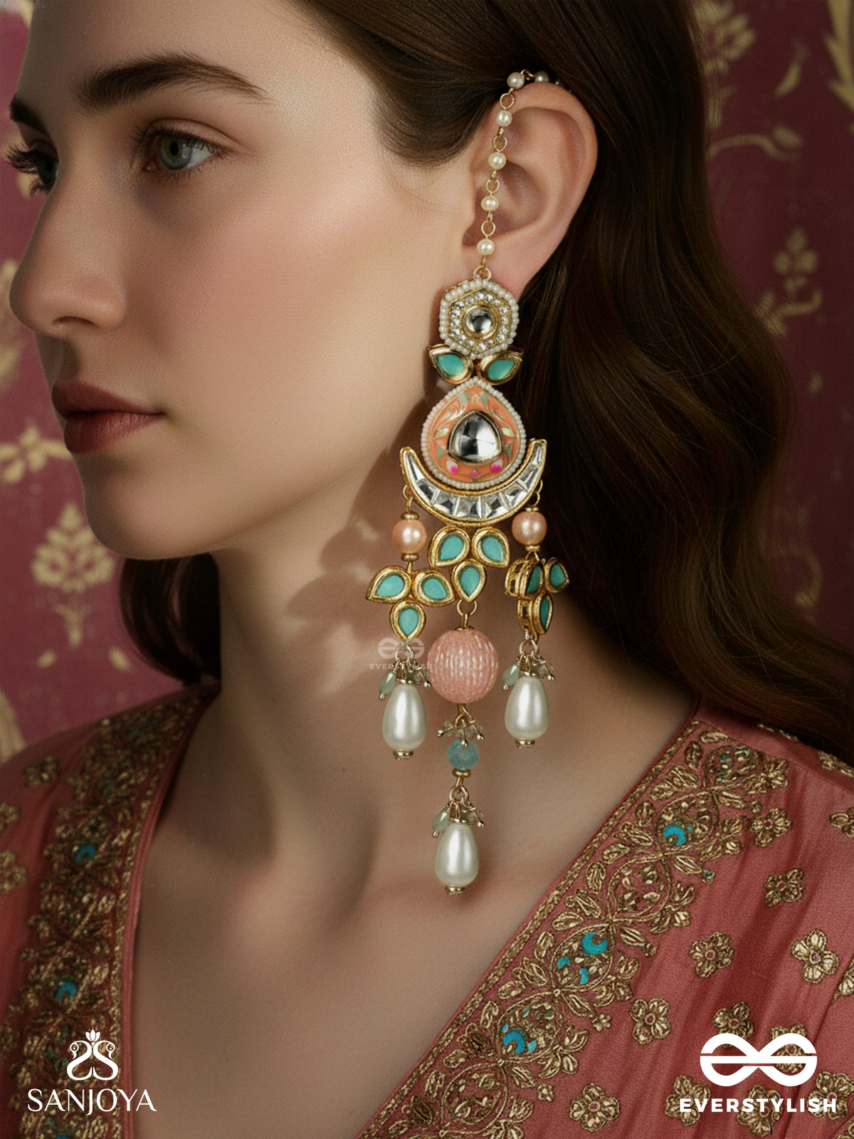Anurangi - Harmony Of Colours - Kundan Earrings With Green Enamel Motifs, Mirror Stones And Pastel Bead Drops
