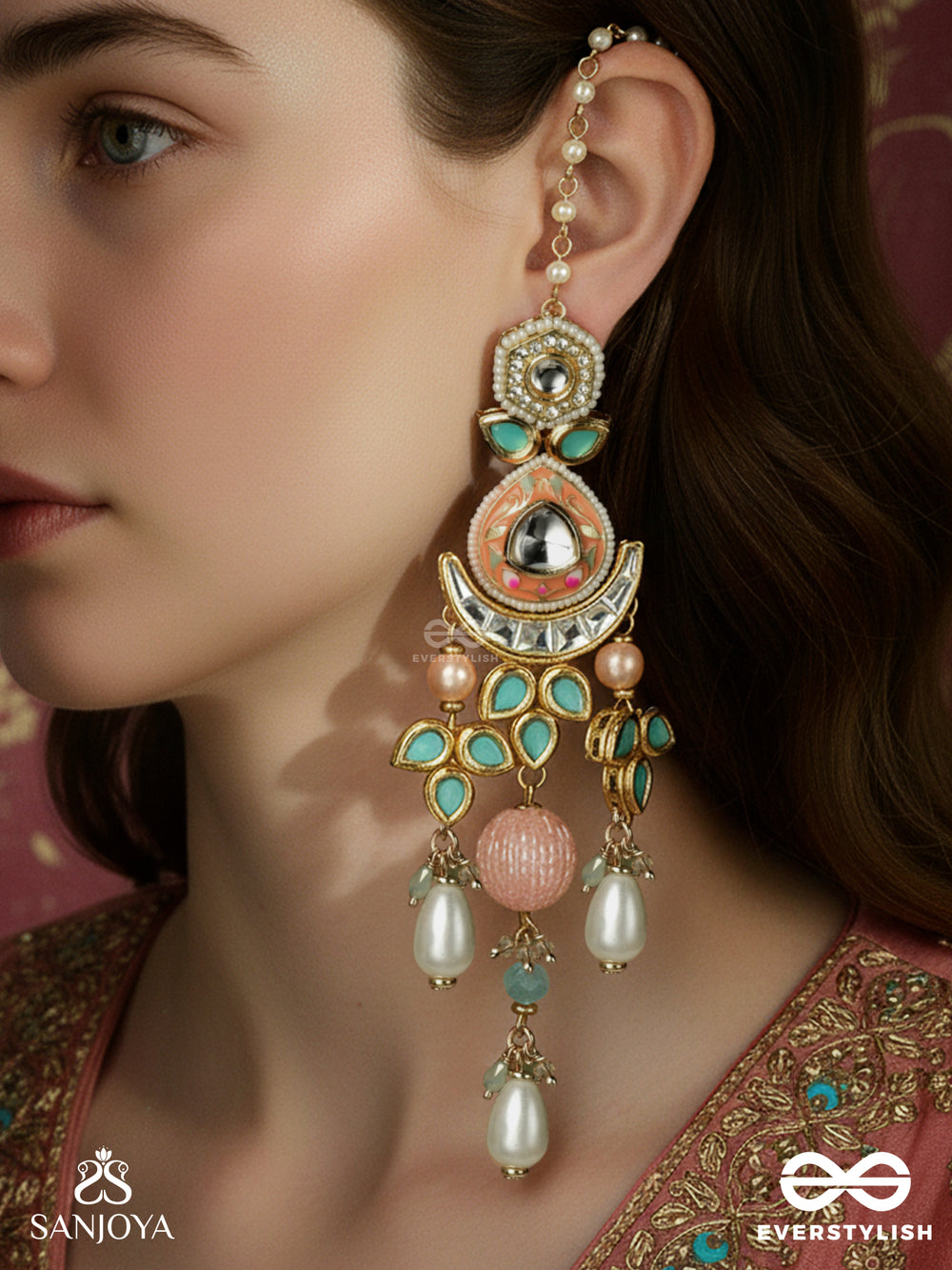 Anurangi - Harmony Of Colours - Kundan Earrings With Green Enamel Motifs, Mirror Stones And Pastel Bead Drops