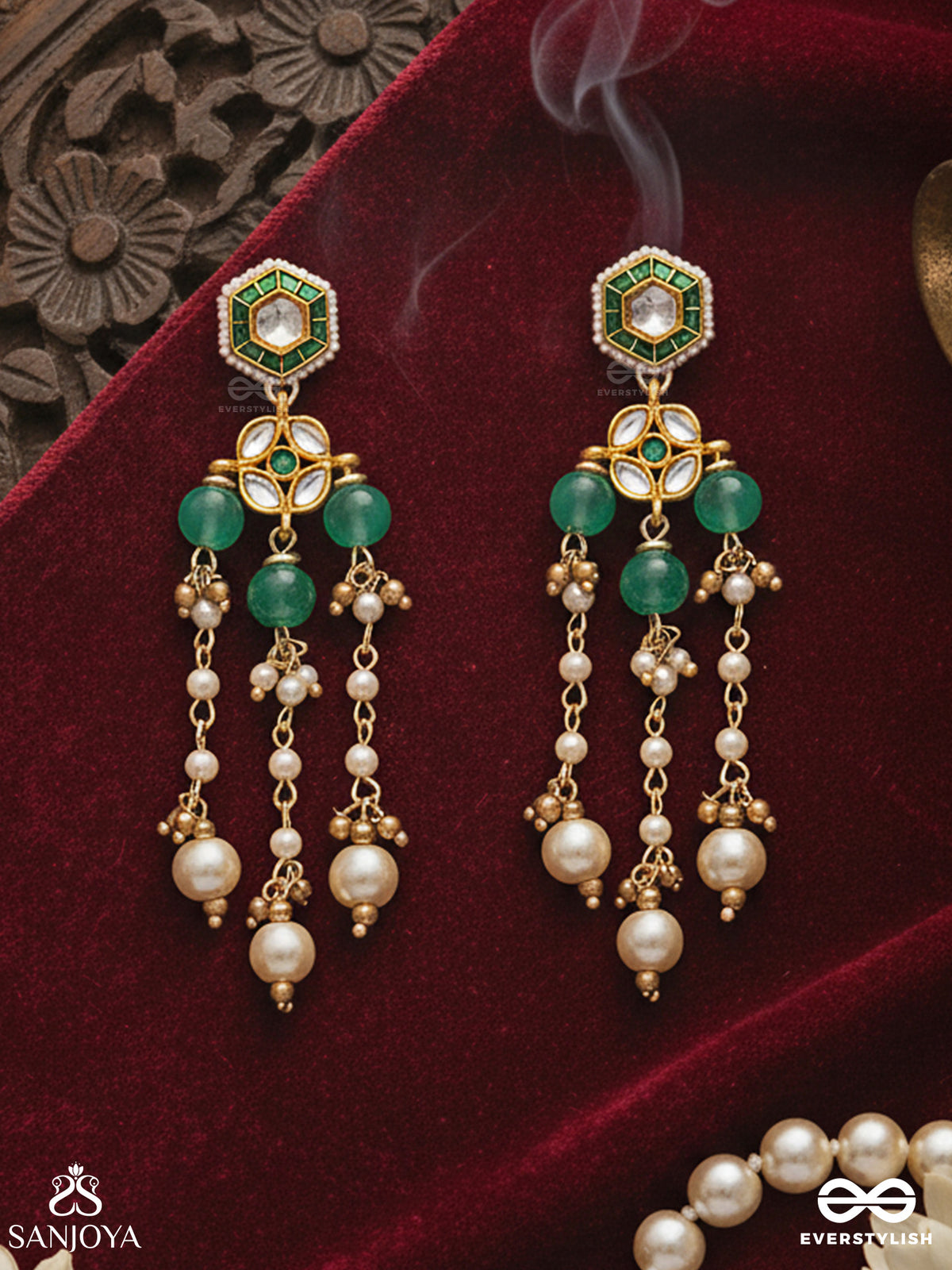 Haritshringa - Ornament Of Green Grace - Kundan Earrings With Emerald Stone Centres, Draped Chains And Pearl Bead Drop