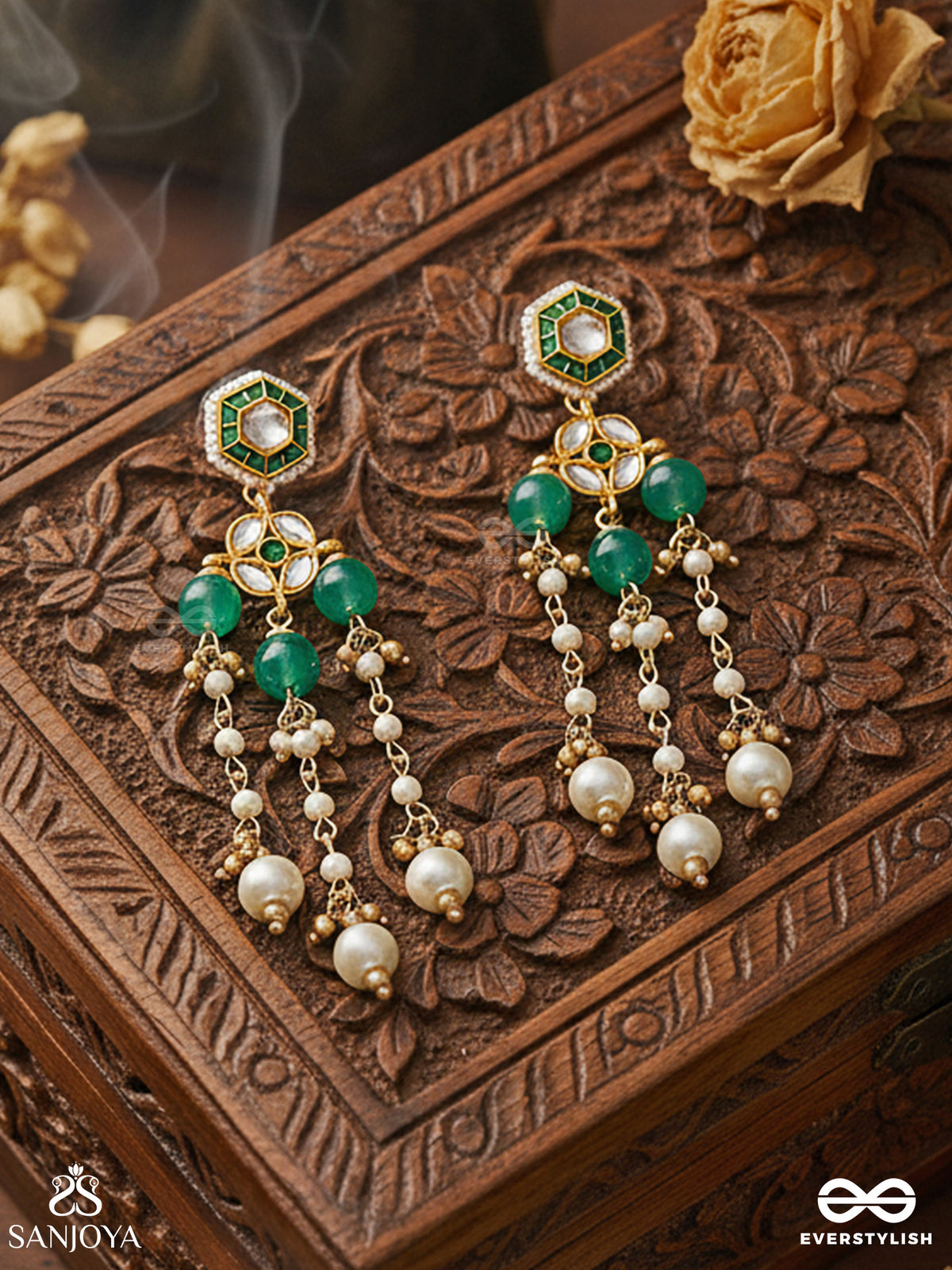 Haritshringa - Ornament Of Green Grace - Kundan Earrings With Emerald Stone Centres, Draped Chains And Pearl Bead Drop