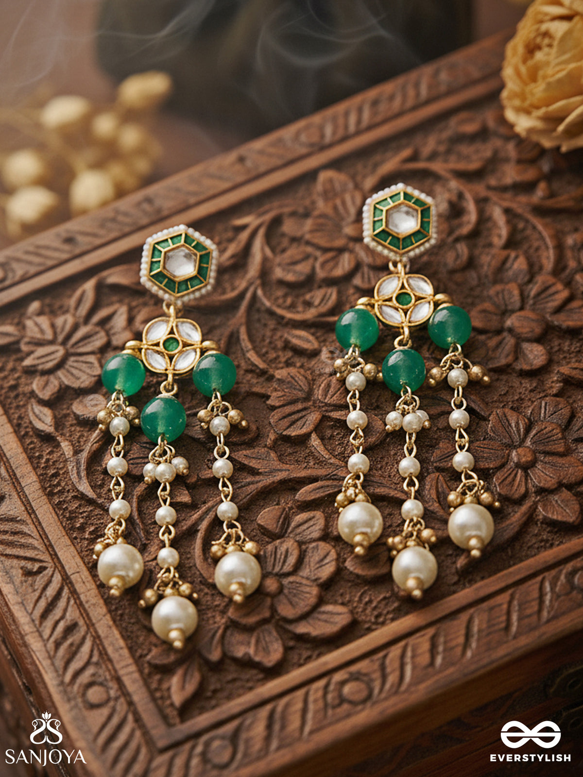 Haritshringa - Ornament Of Green Grace - Kundan Earrings With Emerald Stone Centres, Draped Chains And Pearl Bead Drop