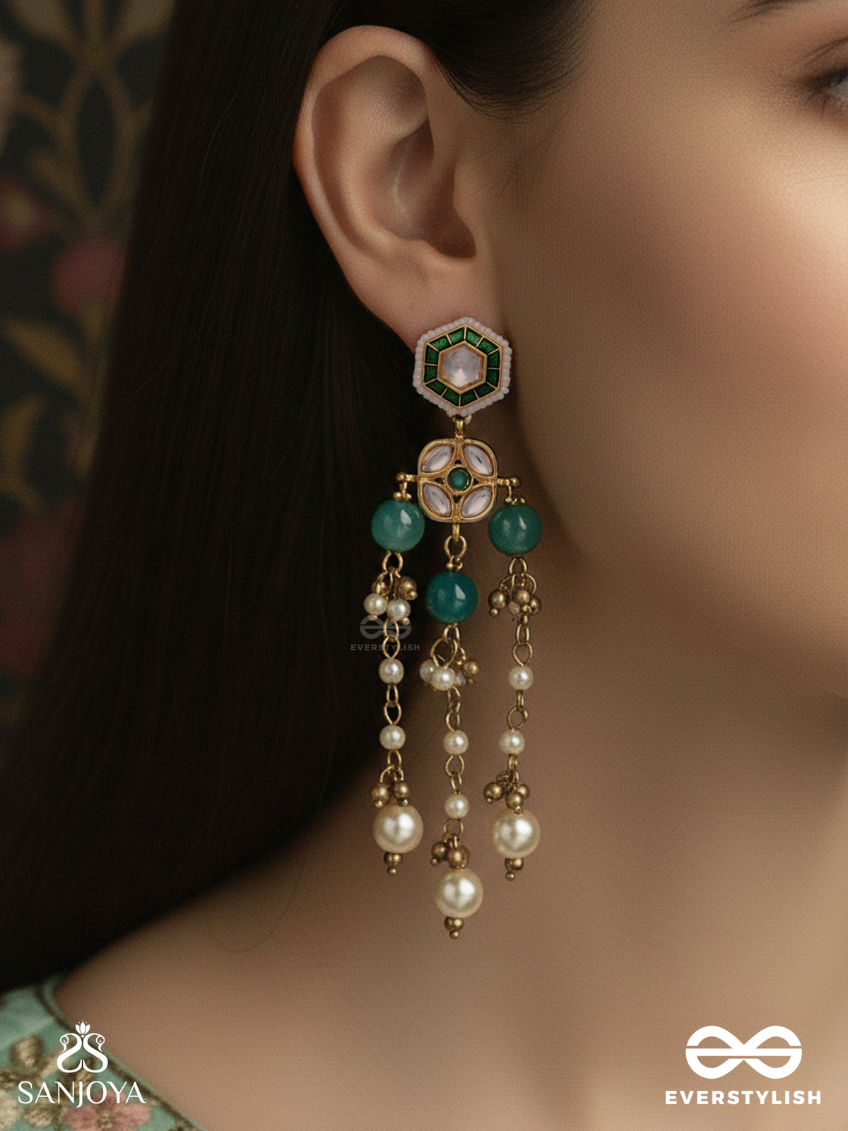 Haritshringa - Ornament Of Green Grace - Kundan Earrings With Emerald Stone Centres, Draped Chains And Pearl Bead Drop