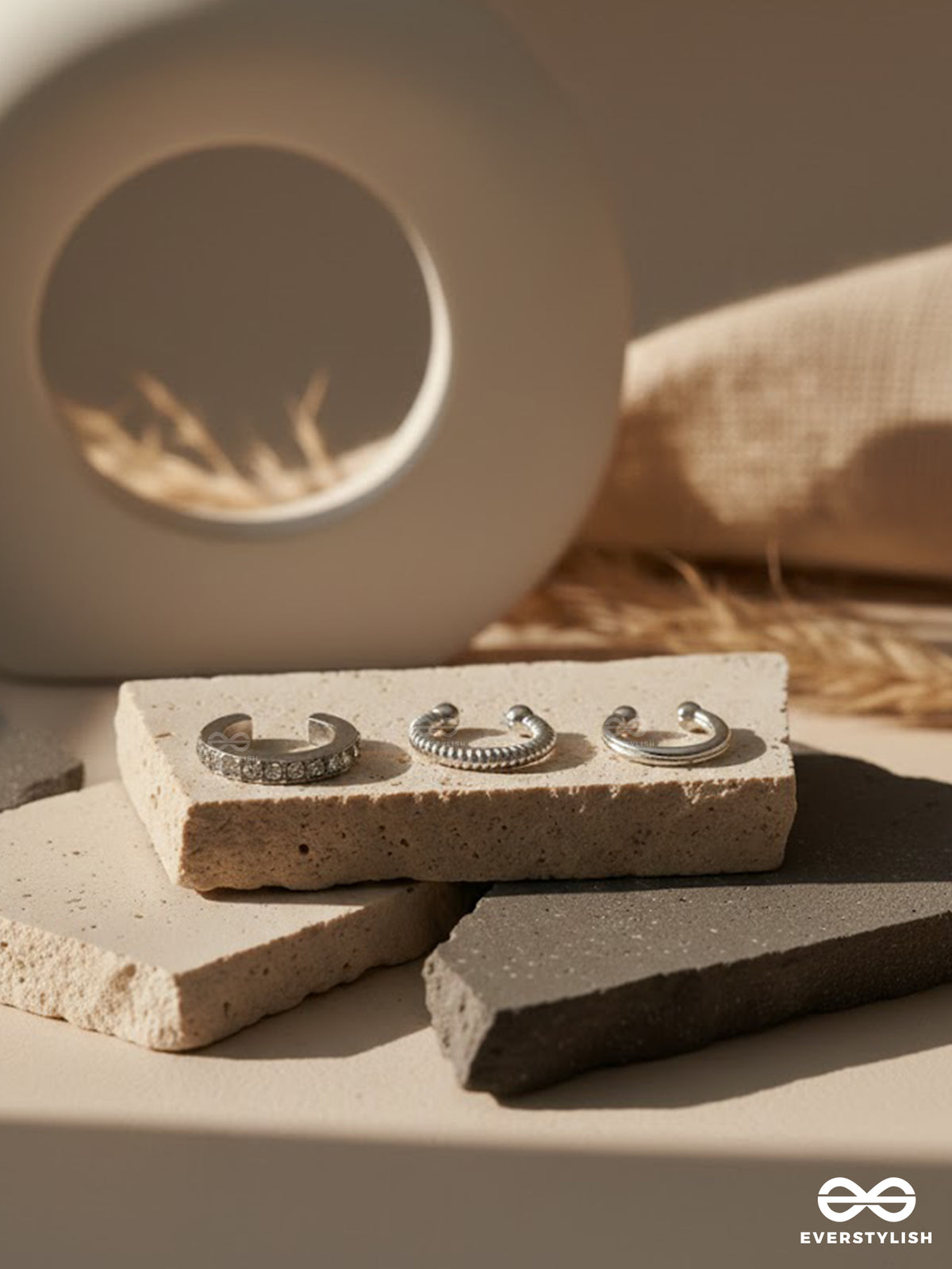 Curb Stack - Textured Silver Ear Cuff Set
