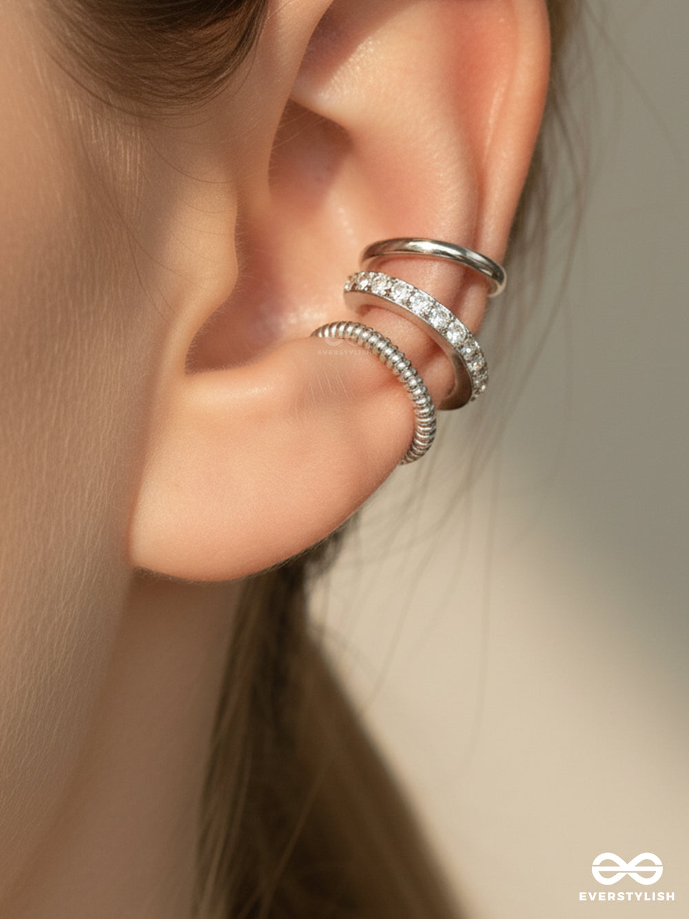 Curb Stack - Textured Silver Ear Cuff Set