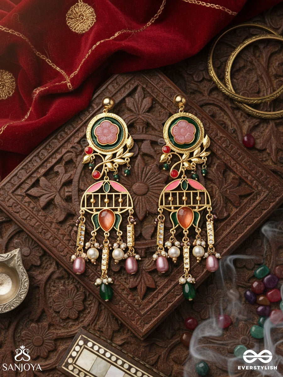 Pankhurima - Petals In Motion - Statement Drop Earring With Lotus-Style Enamel Detailing And Multi-Bead Hangings