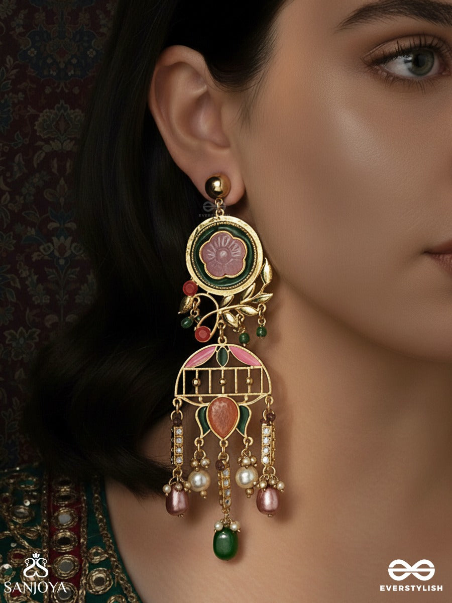Pankhurima - Petals In Motion - Statement Drop Earring With Lotus-Style Enamel Detailing And Multi-Bead Hangings