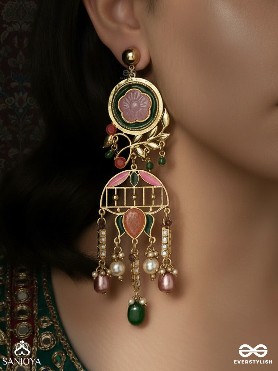 Pankhurima - Petals In Motion - Statement Drop Earring With Lotus-Style Enamel Detailing And Multi-Bead Hangings