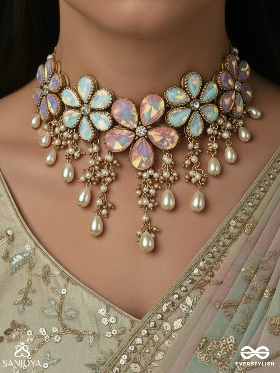 Vasantika - Song Of Spring - Bloom-Inspired Necklace With Pastel Gem Elements And Elegant Pearl Strings