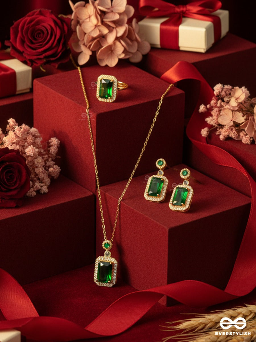 Officially Gorgeous -  Emerald Luxe- Sophisticated Green Gemstone Earrings, Ring & Necklace Jewellery Set