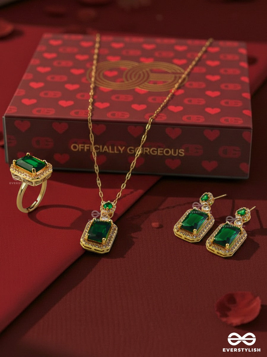 Officially Gorgeous -  Emerald Luxe- Sophisticated Green Gemstone Earrings, Ring & Necklace Jewellery Set