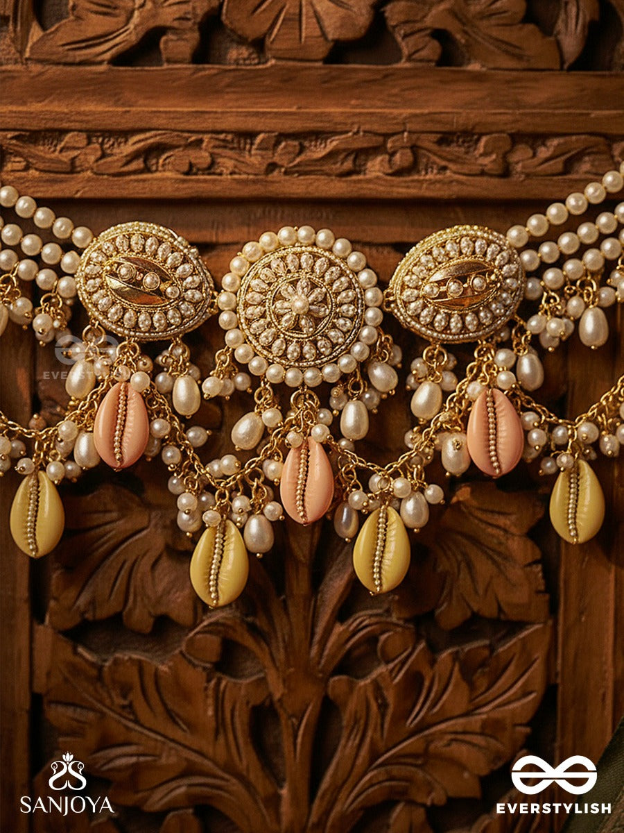 Heerlehra - Waves Of Radiant Glimmer - Delicate Necklace With Sunburst Motifs, Pastel Drops And Pearl Strands