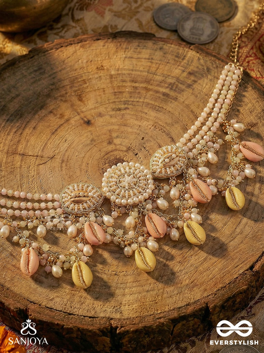 Heerlehra - Waves Of Radiant Glimmer - Delicate Necklace With Sunburst Motifs, Pastel Drops And Pearl Strands