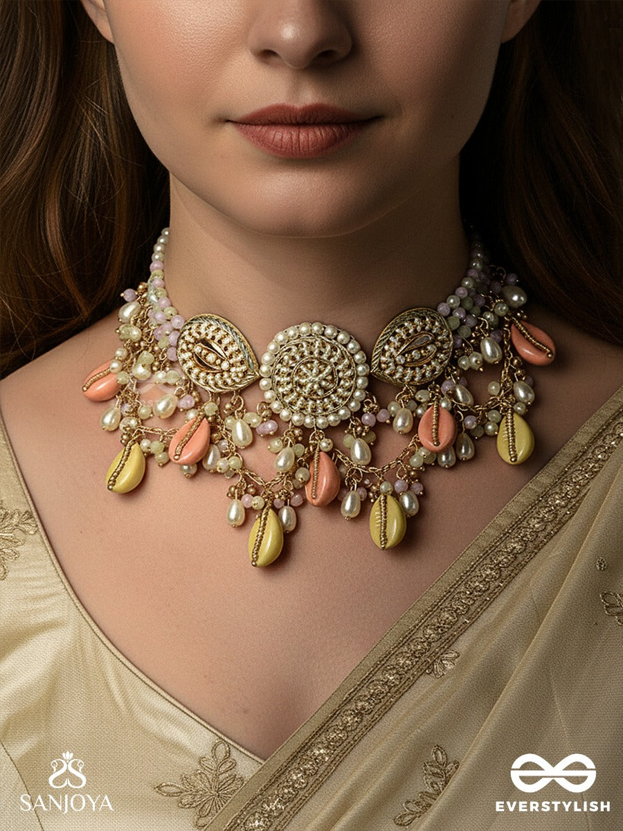 Heerlehra - Waves Of Radiant Glimmer - Delicate Necklace With Sunburst Motifs, Pastel Drops And Pearl Strands