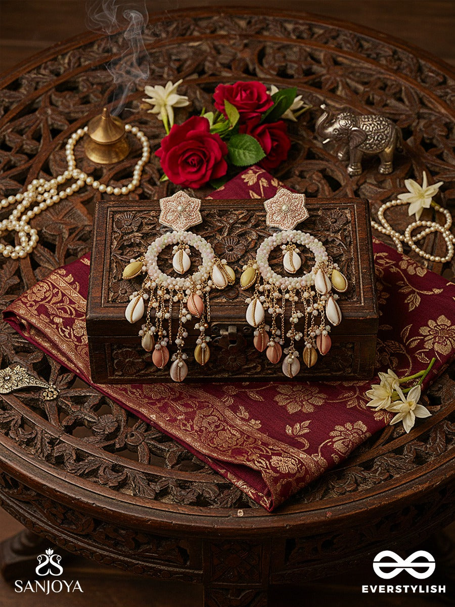 Tarasaagar - Constellations Meet The Sea - Star-Top Earrings With Pearl Rim And Pastel Shell Drops