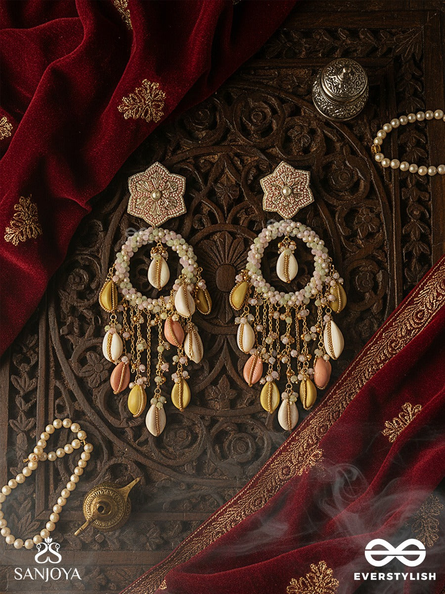 Tarasaagar - Constellations Meet The Sea - Star-Top Earrings With Pearl Rim And Pastel Shell Drops