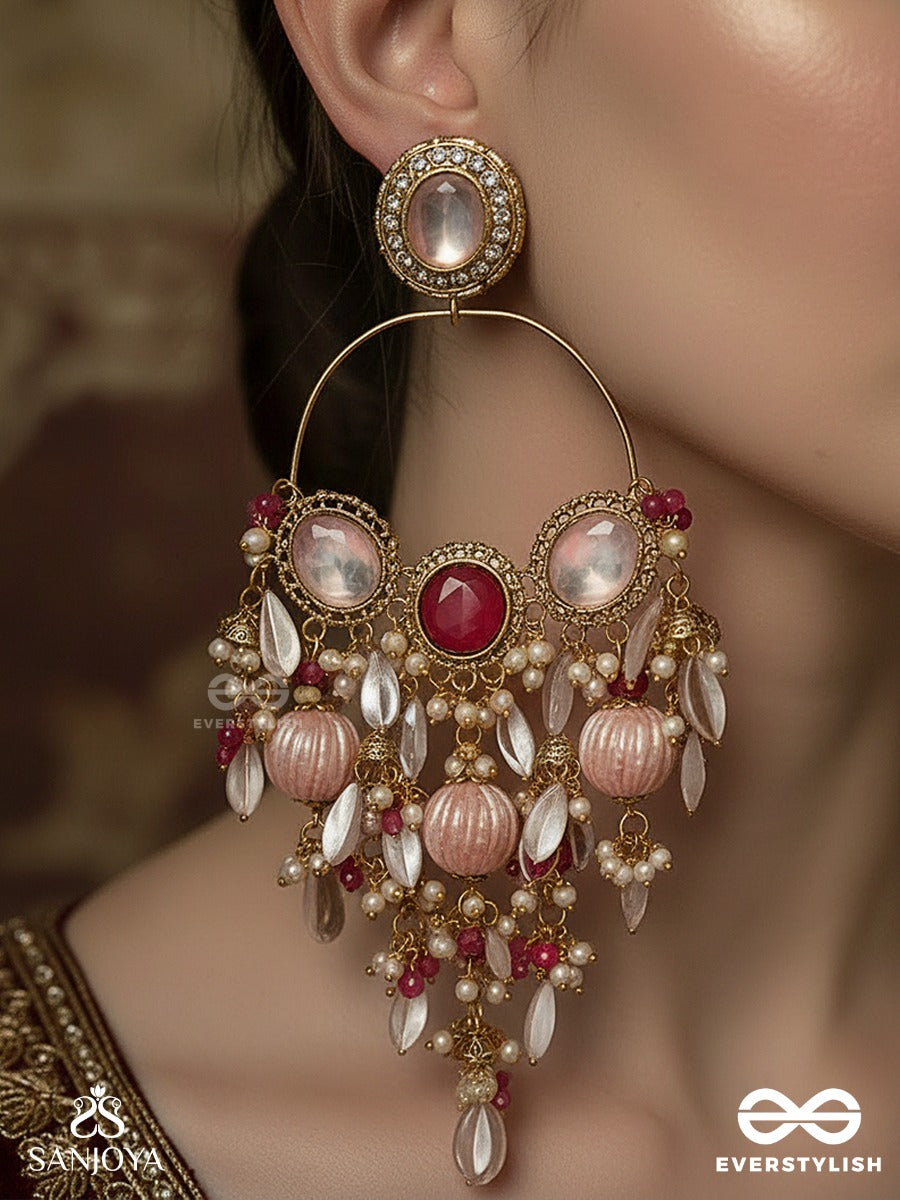 Gulranjini - Blossoms In Celebration - Petal-Shaped Stones And Delicate Hanging Details Crystal Chandelier Earrings