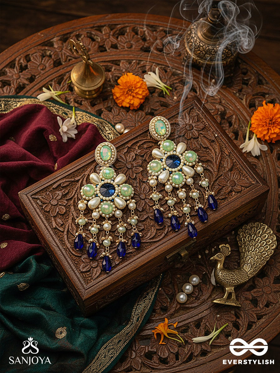 Neelvanika - Forest Of Blue Blooms - Floral Earrings With Mint Stone Petals And Deep Blue Drop Accents