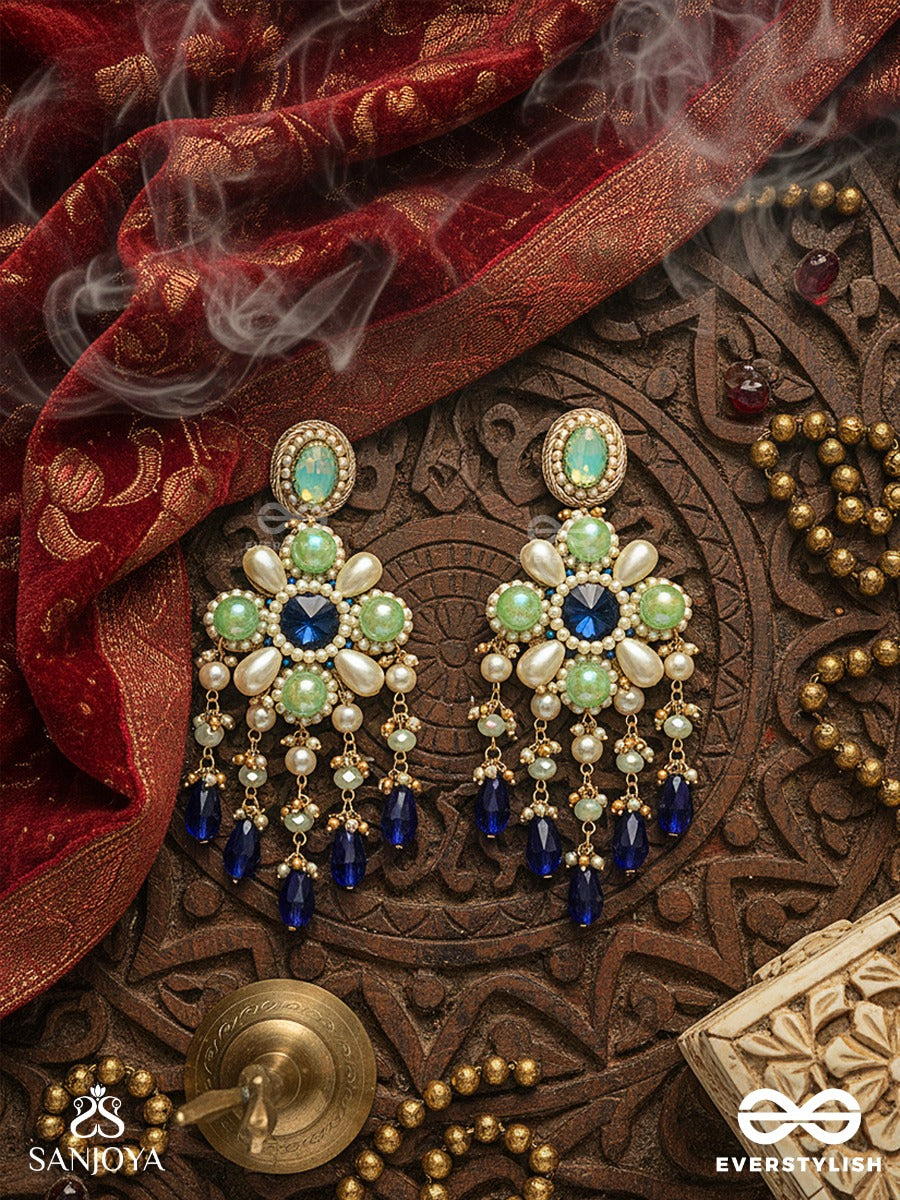 Neelvanika - Forest Of Blue Blooms - Floral Earrings With Mint Stone Petals And Deep Blue Drop Accents