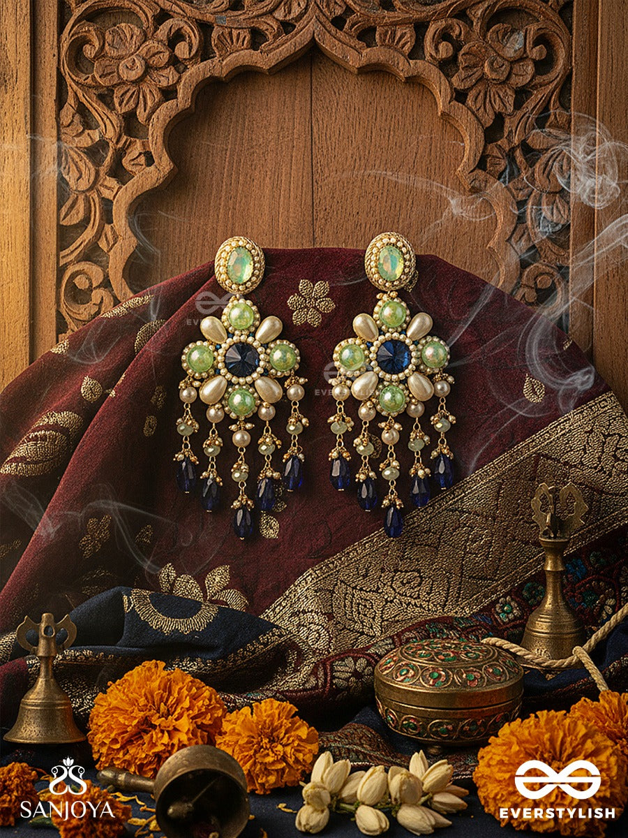 Neelvanika - Forest Of Blue Blooms - Floral Earrings With Mint Stone Petals And Deep Blue Drop Accents