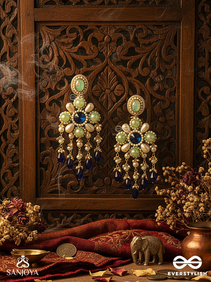 Neelvanika - Forest Of Blue Blooms - Floral Earrings With Mint Stone Petals And Deep Blue Drop Accents