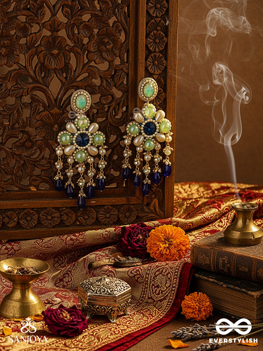 Neelvanika - Forest Of Blue Blooms - Floral Earrings With Mint Stone Petals And Deep Blue Drop Accents