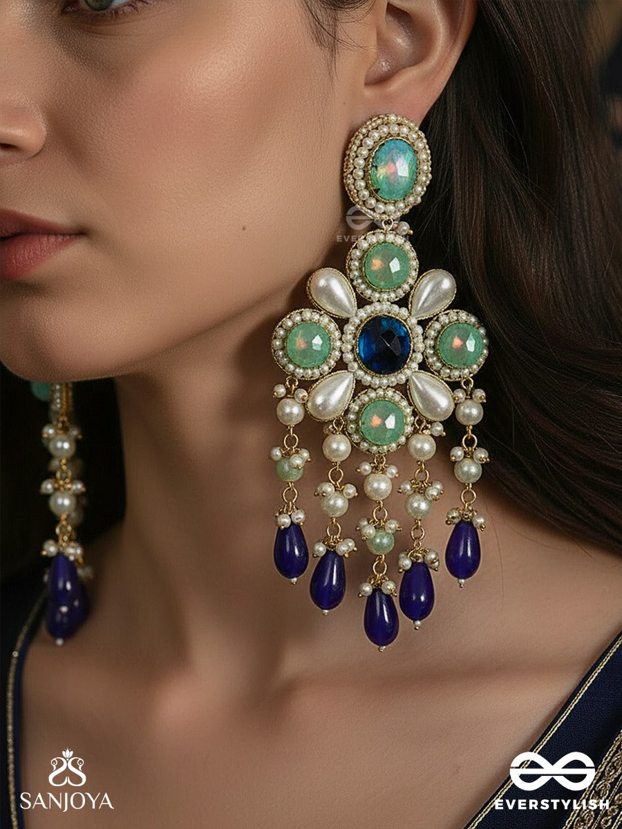 Neelvanika - Forest Of Blue Blooms - Floral Earrings With Mint Stone Petals And Deep Blue Drop Accents