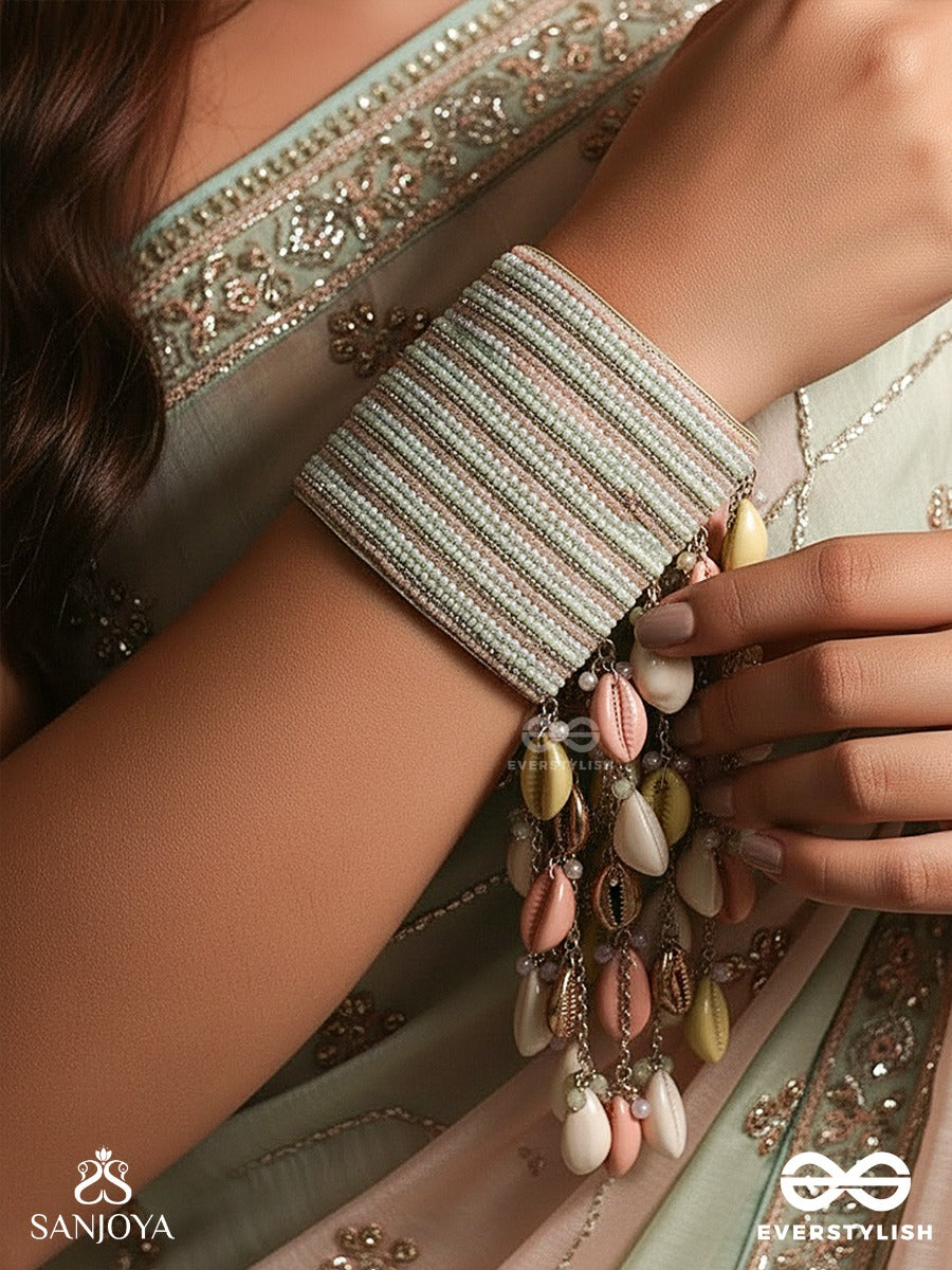 Saagarika - Daughter Of The Tides - Textured Cuff With Multi-Strand Pearl Detail And Sun-Kissed Charm Drops