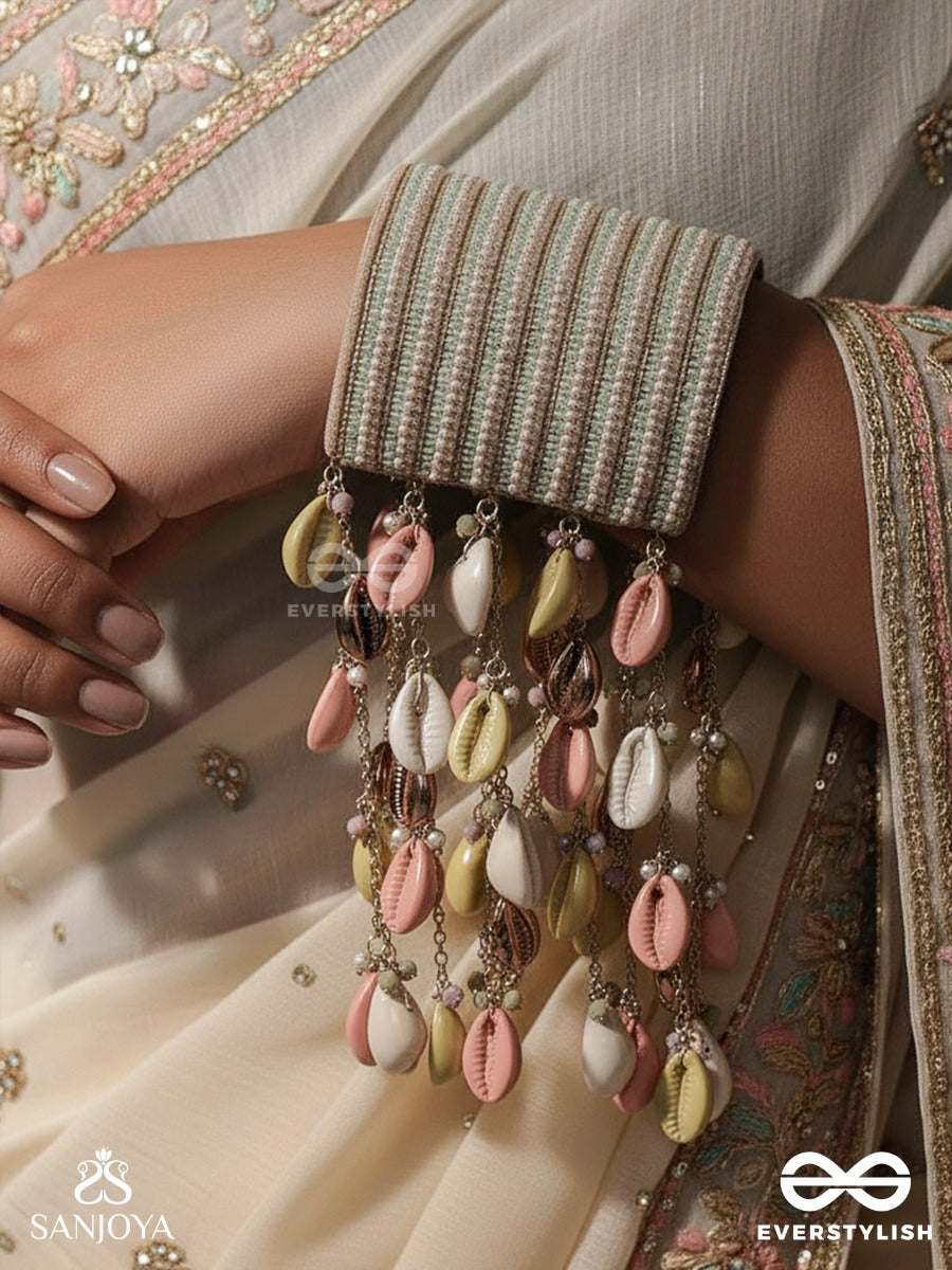 Saagarika - Daughter Of The Tides - Textured Cuff With Multi-Strand Pearl Detail And Sun-Kissed Charm Drops
