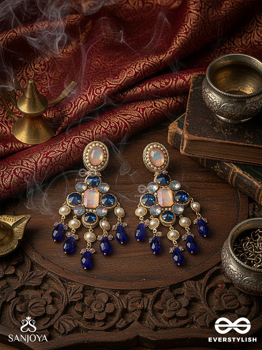 Neelrashmi - Ray Of Midnight Light - Statement Earrings With Sapphire-Tone Stones, Blush Centre Detail And Dramatic Drop Accents