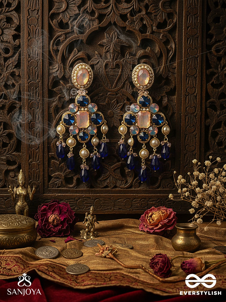 Neelrashmi - Ray Of Midnight Light - Statement Earrings With Sapphire-Tone Stones, Blush Centre Detail And Dramatic Drop Accents