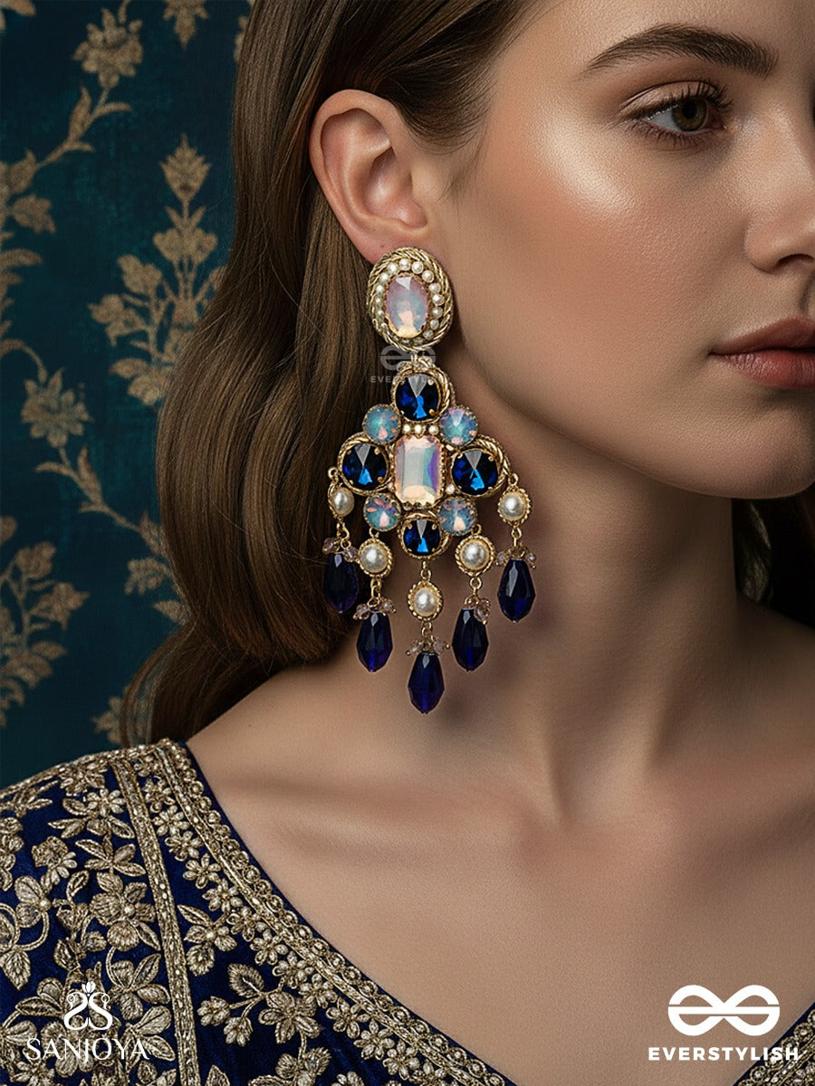 Neelrashmi - Ray Of Midnight Light - Statement Earrings With Sapphire-Tone Stones, Blush Centre Detail And Dramatic Drop Accents
