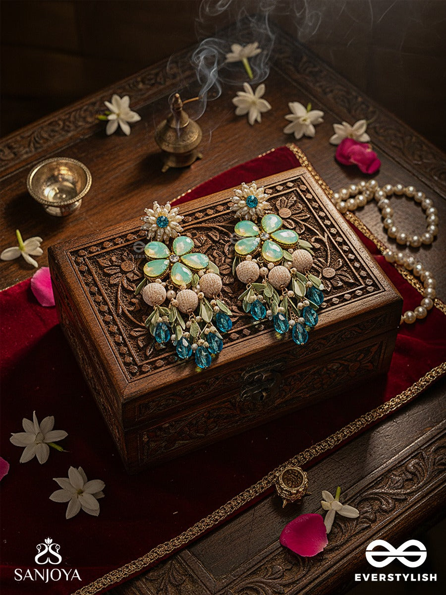 Neelpushpa - Blue Blossom Of The Sky - Floral Earrings With Mint Petal Stones And Sky-Blue Drop Accents